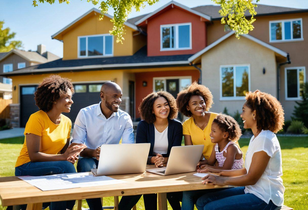 A vibrant scene of a diverse group of people joyfully discussing real estate options in front of modern homes, with blueprints and a laptop showing market trends. Bright sunlight bathes the environment, symbolizing hope and confidence in home ownership. Include elements of community like children playing nearby and trees in bloom. super-realistic. vibrant colors. sunny atmosphere.