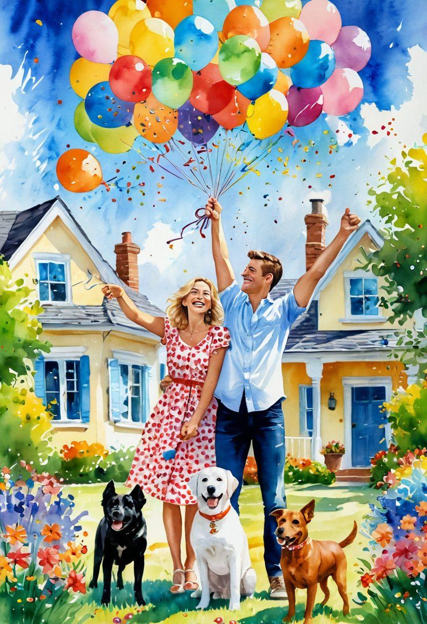 A joyful couple celebrating their new home with confetti and balloons, surrounded by a colorful garden and a bright blue sky. The couple's expressions are radiant, symbolizing happiness and contentment. Include a 'Sold' sign in the foreground and playful elements like a playful dog and children playing. cheerful and vibrant atmosphere. watercolor painting. vibrant colors. light background.
