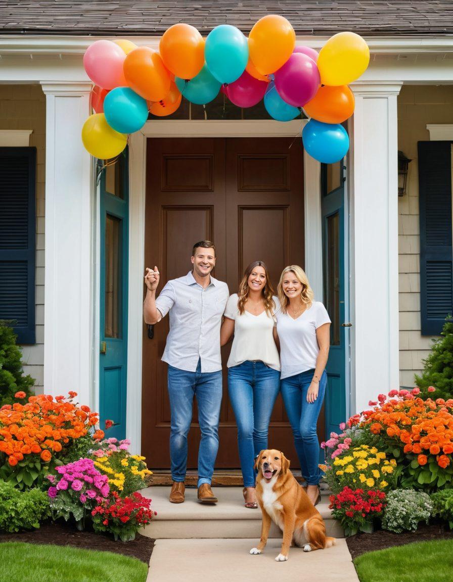 A joyful family standing in front of their new home, surrounded by lush greenery and colorful flowers, holding a ‘Welcome Home’ sign. The sun is shining brightly, casting a warm glow on their smiles, as playful pets frolic around. Colorful balloons float in the air, adding a festive touch to the scene. Artistic elements showcasing the transition from a listing to a cozy living space in the background. super-realistic. vibrant colors. cheerful atmosphere.